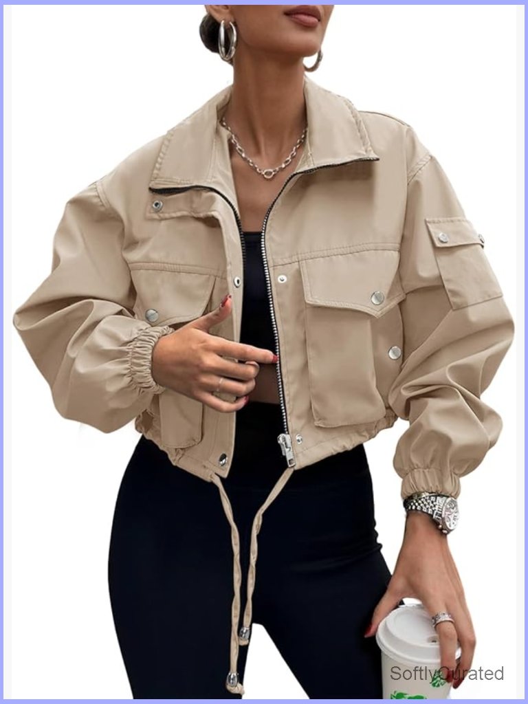 Cropped Zip Up Bomber Jacket With Pockets Lightweight Utility Anorak Coat